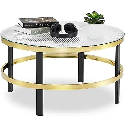 Modern Round Coffee Table 32  Clear Tempered Glass Top Gold Metal Frame NEW • $89.99