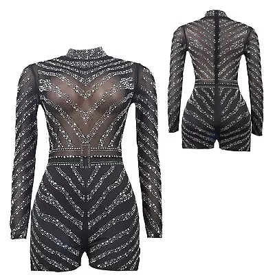 Womens Romper Long Sleeve Jumpsuit Striped Bodysuit Bar Leotard Mock Neck Club • $8.45