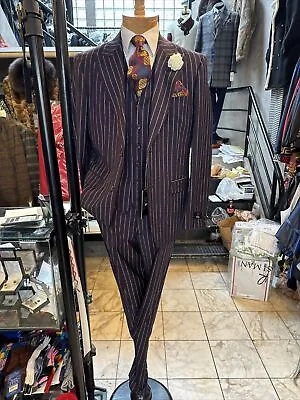 NWT VITALI Vested  Men's Modern Multi Color Wine Striped Suit  Size 46R • $169