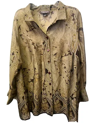 Design & Co Women's 18/20 2X Sheer Paisley Print Button Front Green Tan Blouse • $13.50