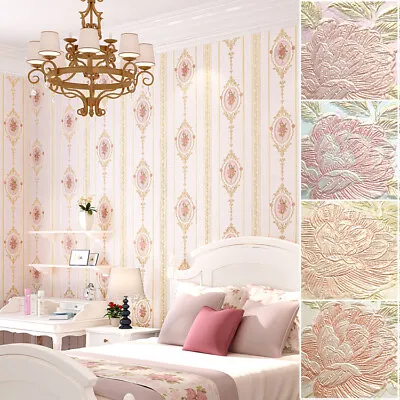 9.5M Country Flower Gold Stripe Embossed Wallpaper Flock Textured Non-woven Roll • $29.99