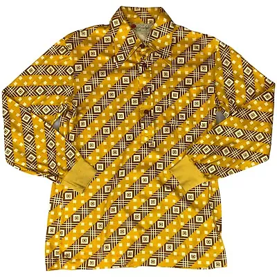 VTG 70s BIG COLLAR MENS POLY SMOCK SHIRT GEOMETRIC PSYCHEDELIC PRINT 36” (34) XS • £40