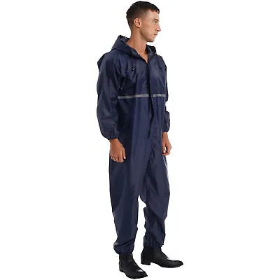 US Mens One Piece Rain Suit Waterproof Coverall Long Sleeve Hooded Jumpsuit Coat • $36.26