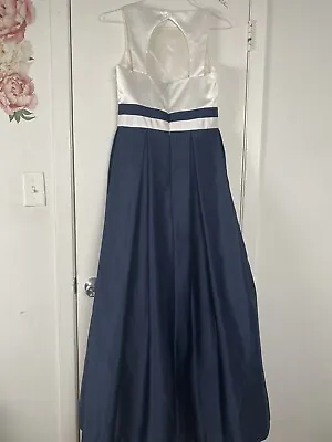 Vintage Ever Beauty White Blue Satin Formal Dress Full Length Made In USA Size 8 • $30