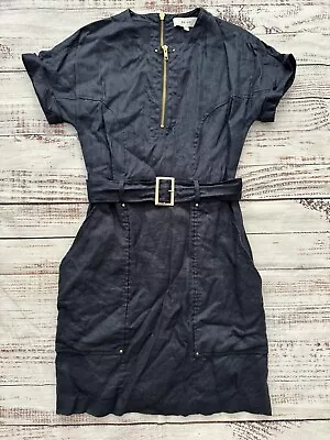 Reiss Women’s Linen Belted Zip Shirt Dress In Navy Blue Size 4 • $12