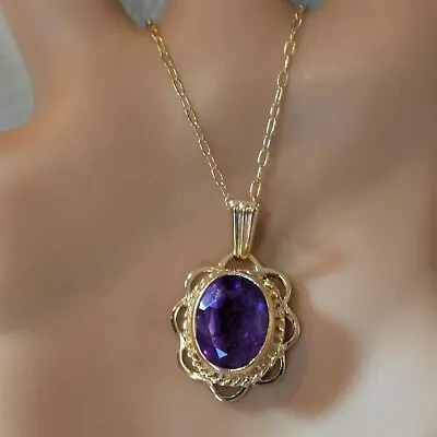 9 Ct GOLD Second Hand Amethyst Pendant & Trace Chain • $199.15