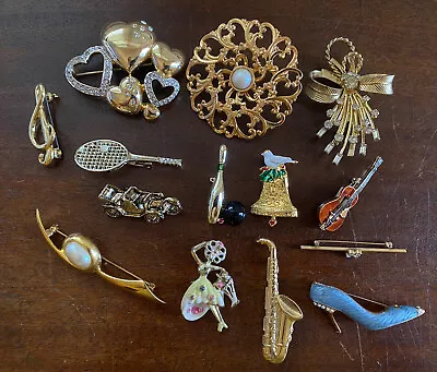 Lot Of 13 Vintage Brooch Pins Some Signed Estate Sale Finds: Enamel Gold Toned • $29.97