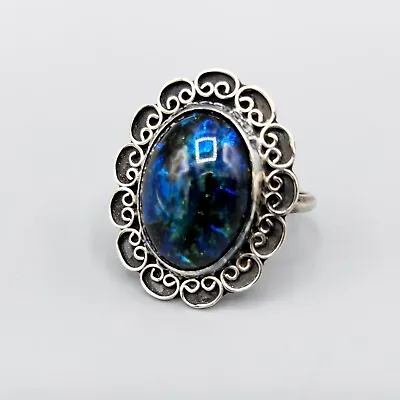 VTG Mexico Signed Sterling Silver Blue Peacock Dichroic Glass Ring Sz 8 6.2g • $81.76