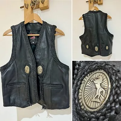 Indian Motorcycle Spain Black Woven Tassel Thick Leather Emblem Waistcoat Vest L • $286.30