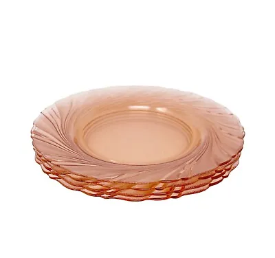 4 Vintage Vereco France Pink Swirl Glass Plates 9  Luncheon Salad Dinner Plates • $28