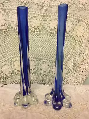 Set Of 2 Vintage 1970s Cobalt Blue & Blue Art Glass Elephant Foot Twisted Vases • $24