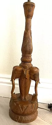 Vintage Hand Carved Teakwood 3 Elephant  Tusks Lotus Table Lamp Sculpture • $199