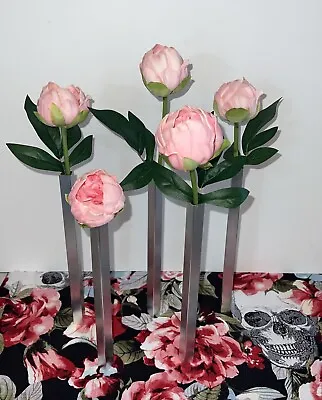 5 Magnetic Bud Vases 9.5”H Flower Table Centerpiece Silver Tone Stunning! • $61.46
