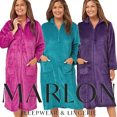 Marlon Zip Front Trendy Housecoat Robe Gown Chic Embossed Fleece 810-2426 • £29.99