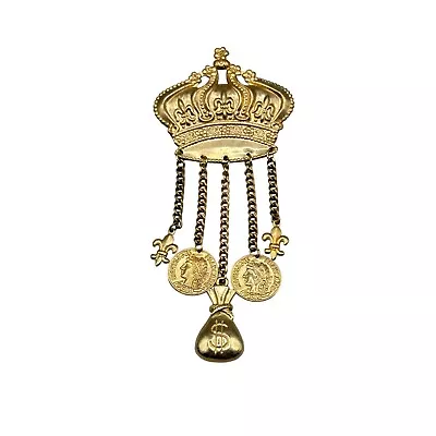 Vintage Gold Tone Crown Coins Fleur De Lis Dangles Pin Brooch Stamping Jewelry • $25