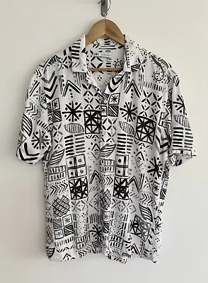 Zara Man Short Sleeve Holiday Festival Shirt Linen / Viscose Large White Aztec • £24.99