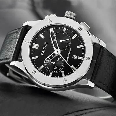 $90 • Buy Parnis 41mm Mens Qaurtz Wrist Watch Chronograph Black Leather Date Men's Watch