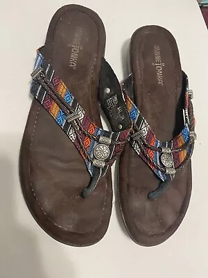 MINNETONKA Silverthorne Embellished Thong Flip Flop Brown Leather 700015 Size 9 • $15