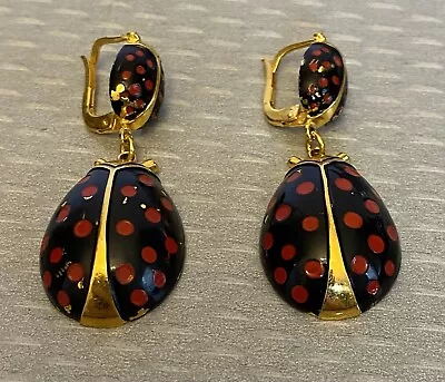 50s Vintage Enamel Ladybug Earrings Dangly Drop French Leverback Old Paris Stock • $59.95