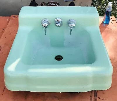 Vintage Mid Century Cast Iron Green Porcelain Bath Wall Sink 19”x 17” • $375