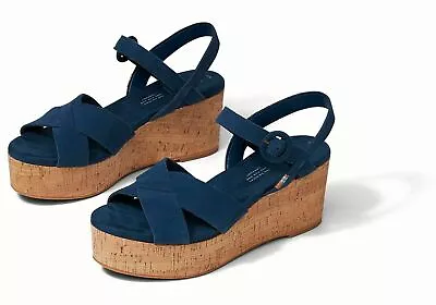 NEW W/box Toms Shoes Majolica Navy Blue Suede Women's Willow Wedge Sandal Size 7 • £57.84