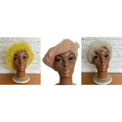 Vintage Lot Of 3 Feather Berets/Wigs Canary Yellow Flamingo Pink & Dove White • $45