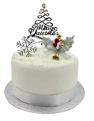 £3.59 • Buy 3 Piece SET SILVER HOLLY Merry Christmas Cake Decorations Log Cupcake Toppers 