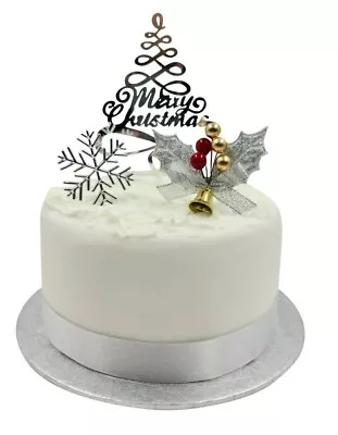 3 Piece SET SILVER HOLLY Merry Christmas Cake Decorations Log Cupcake Toppers  • £3.79