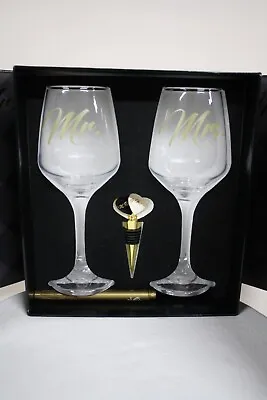 LUXLOVE Mr & Mrs Wine Glasses Set Wedding Engagement Gifts Pen Cork Stopper • $19.99