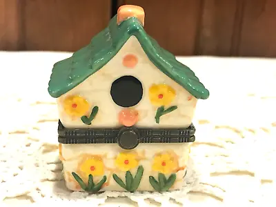 Hand Painted Porcelain Trinket Box Bird House Pink Yellow Flowers 2 3/4 X2 1/4  • $15