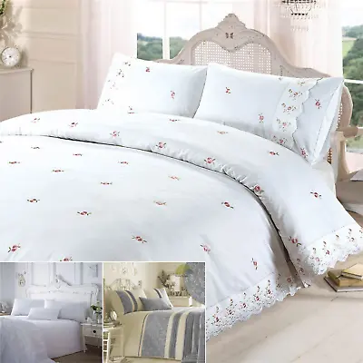 Embroidered Laced Quilt Duvet Cover Bedding Bed Sets Modern Cream White • £28.99