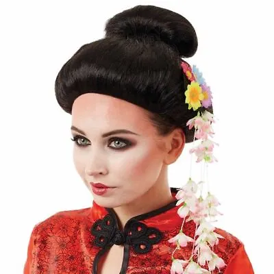 Womens Black Geisha Wig Flowers For Adult Japanese Oriental Fancy Dress Costume • £18.99