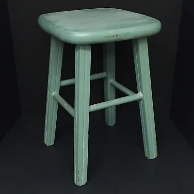 Handmade Rustic Wooden Stool Hand Painted Blue Turquoise Light Distress Vintage • $249.95