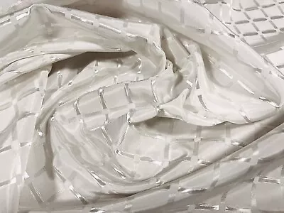 Silky Satin Woven Dress Fabric Per Metre - Matrix Check Jacquard - White • £4.99