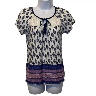 Vintage America Womens XS Blue White Print Crochet Short Sleeve Top Blouse Shirt • $14.99