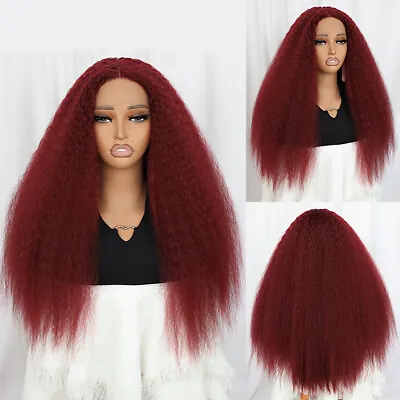 Long Burgundy Yaki Lace Front Wig Kinky Straight Synthetic Hair Wigs Natural • $23.80
