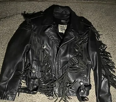 Men  Open Road Vintage 1980's Black Leather Fringe Moto Jacket Size M • $200