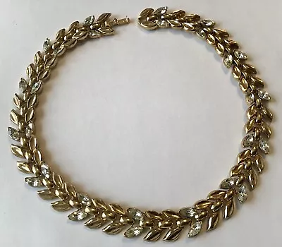 Vintage Crown Trifari Signed Clear Rhinestone Leaf Necklace • $89