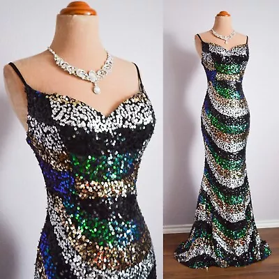 Black Green Long Formal Prom Pageant Sequin Evening Wedding Gown Dress M 8 • $129