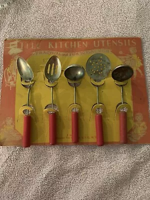 Vintage Child’s Red Handled Wooden Little Kitchen Utensils 1950’s Play Toy Doll • $40