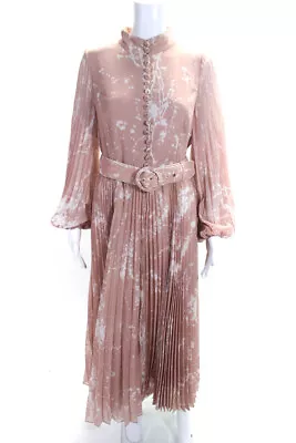 Zimmermann Womens Chiffon Printed Mock Neck Pleated A-Line Dress Pink Size 3 • $149.99