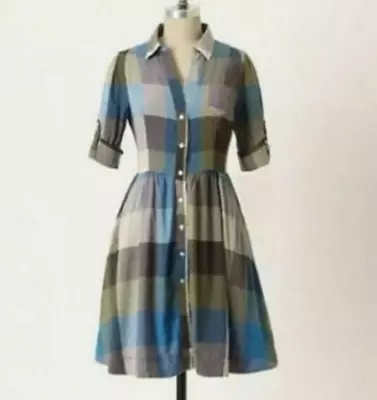 Anthropologie Moulinette Soeurs Reed Plaid Shirt Dress Women's Size 2 Blue • $19.88