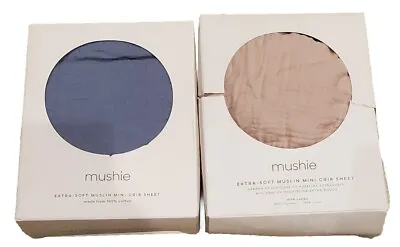 2 SET Mushie Extra Soft Muslin Mini Crib Sheets Blue (New) And Brown (Open) • $19