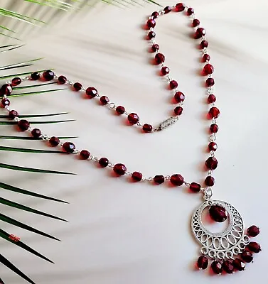 Necklace 23'' Red Garnet Czech Glass Beads Vintage Women`s Jewelry Art Deco • $48.55