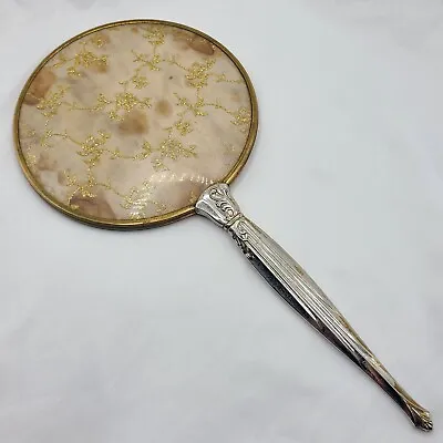 Vtg Vanity Mirror Hand Held Art Deco Nouveau Round Gold Brass Silver Tone Handle • $19.54