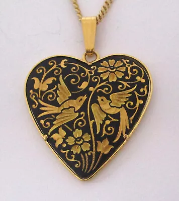 Vintage Damascene Bird & Flower Heart Pendant Necklace • $2.99