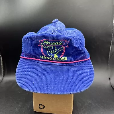 Vintage 80s Hawaii Hang Loose Blue Corduroy Trucker Hat Neon SnapBack Men’s • $26