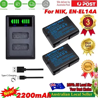 2 EN-EL14A Battery +LED Charger For NIKON CoolPix D3300 D3400 D3500 D5500 D5600 • $39.10