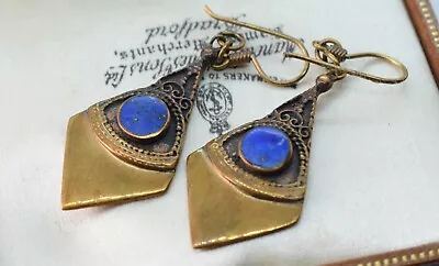 Vintage Lapis Lazuli Boho Pendant Drop Hook Earrings • £8