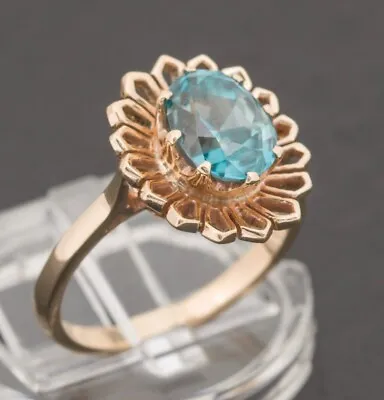 Vintage 9ct Gold & Natural Blue Zircon Ring 1960's Modernist Design • $315.80